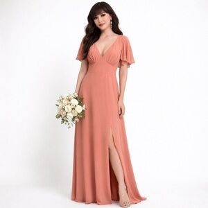 NWT Azazie Formal Dress Maxi V-Neck Chiffon Mai Tai Wedding Kimber XL